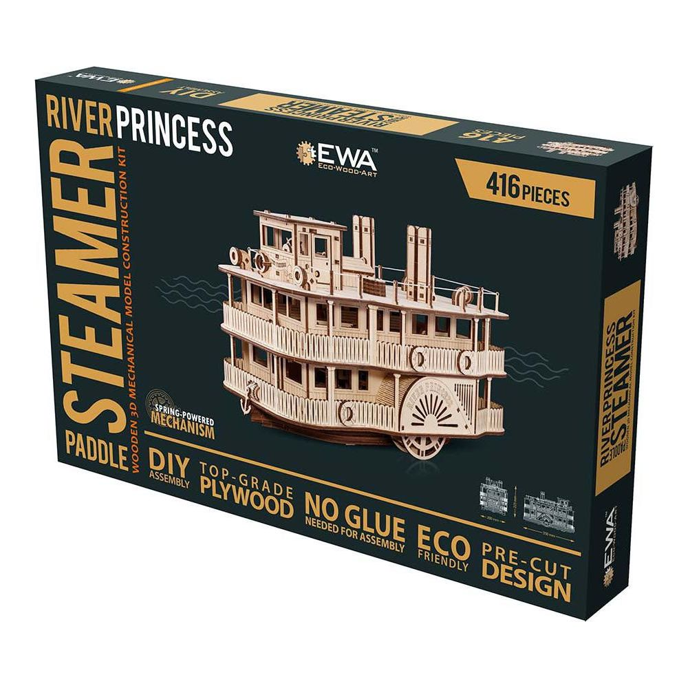Verpackung eines Holzmodellbausatzes für ein Dampfschiff namens River Princess.