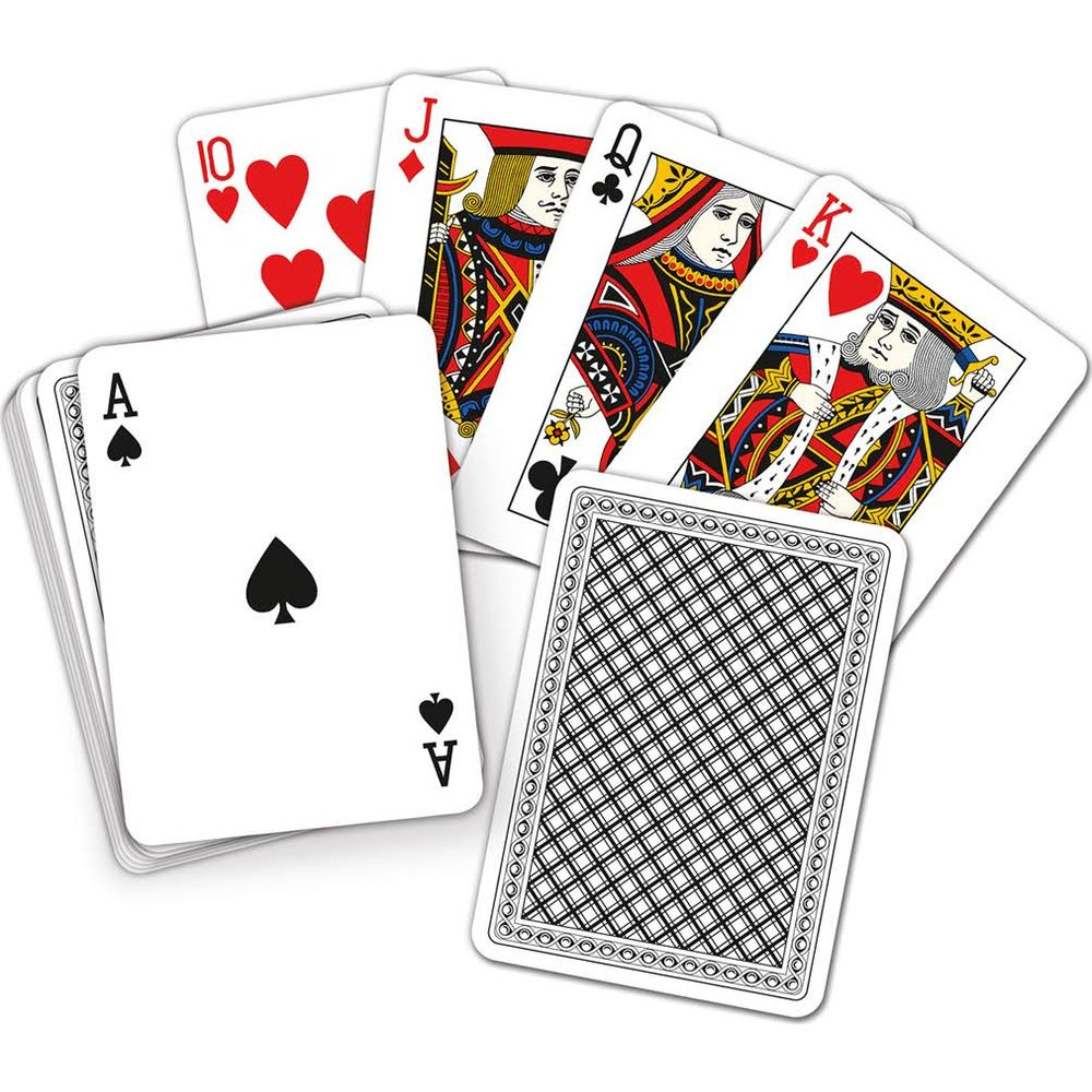 Cartes à jouer : As de pique, 10 de cœur, Roi de cœur, Dame de trèfle, Valet de carreau.