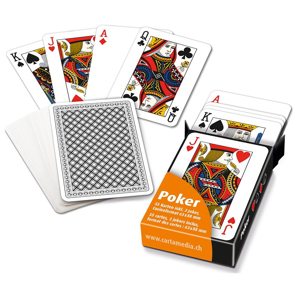 Jeu de cartes avec inscription Poker sur la boîte, cartes K, J, A visibles.