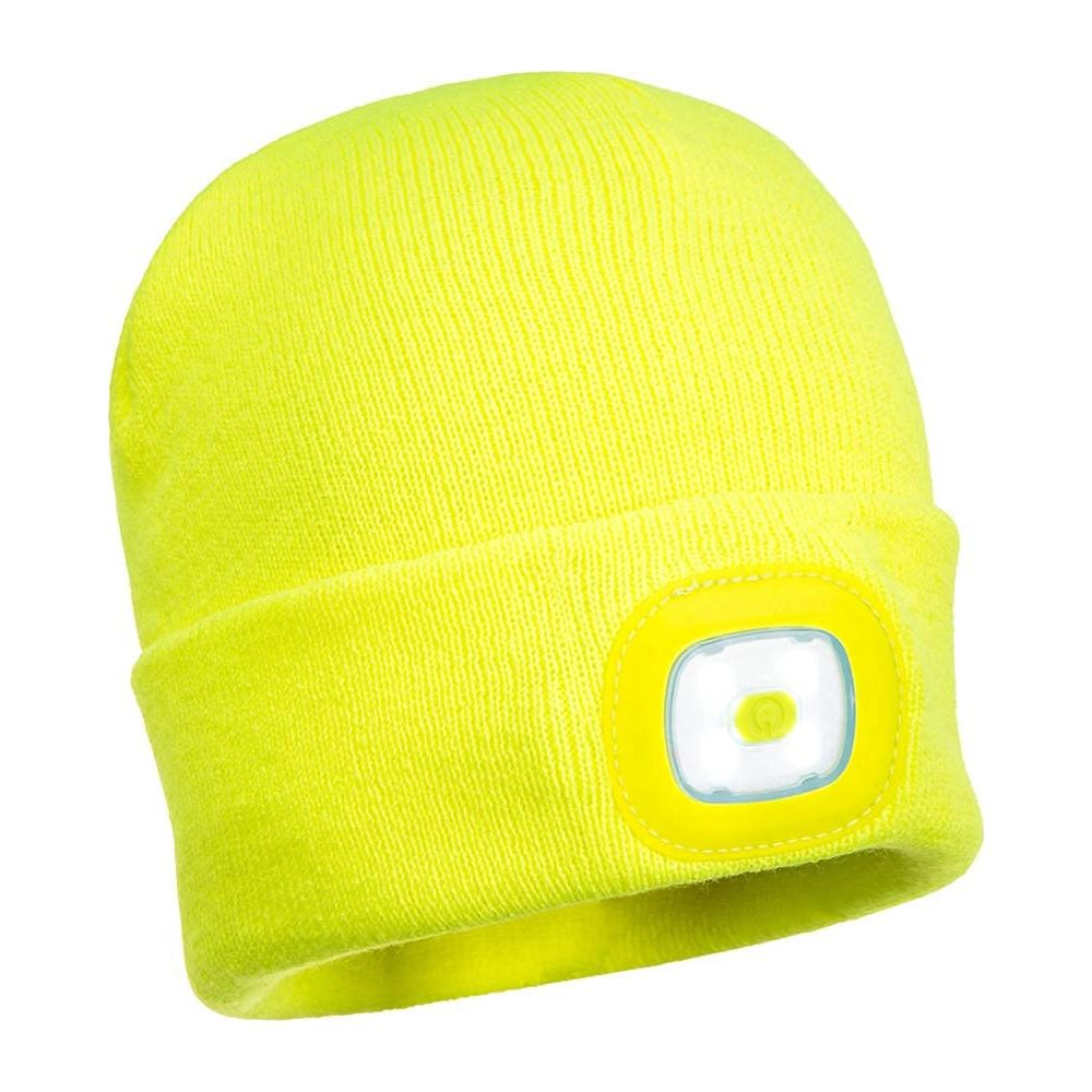 Un bonnet tricoté jaune fluo avec une lampe frontale intégrée sur le devant.