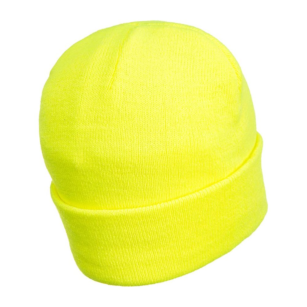 Un bonnet tricoté jaune vif avec un revers.