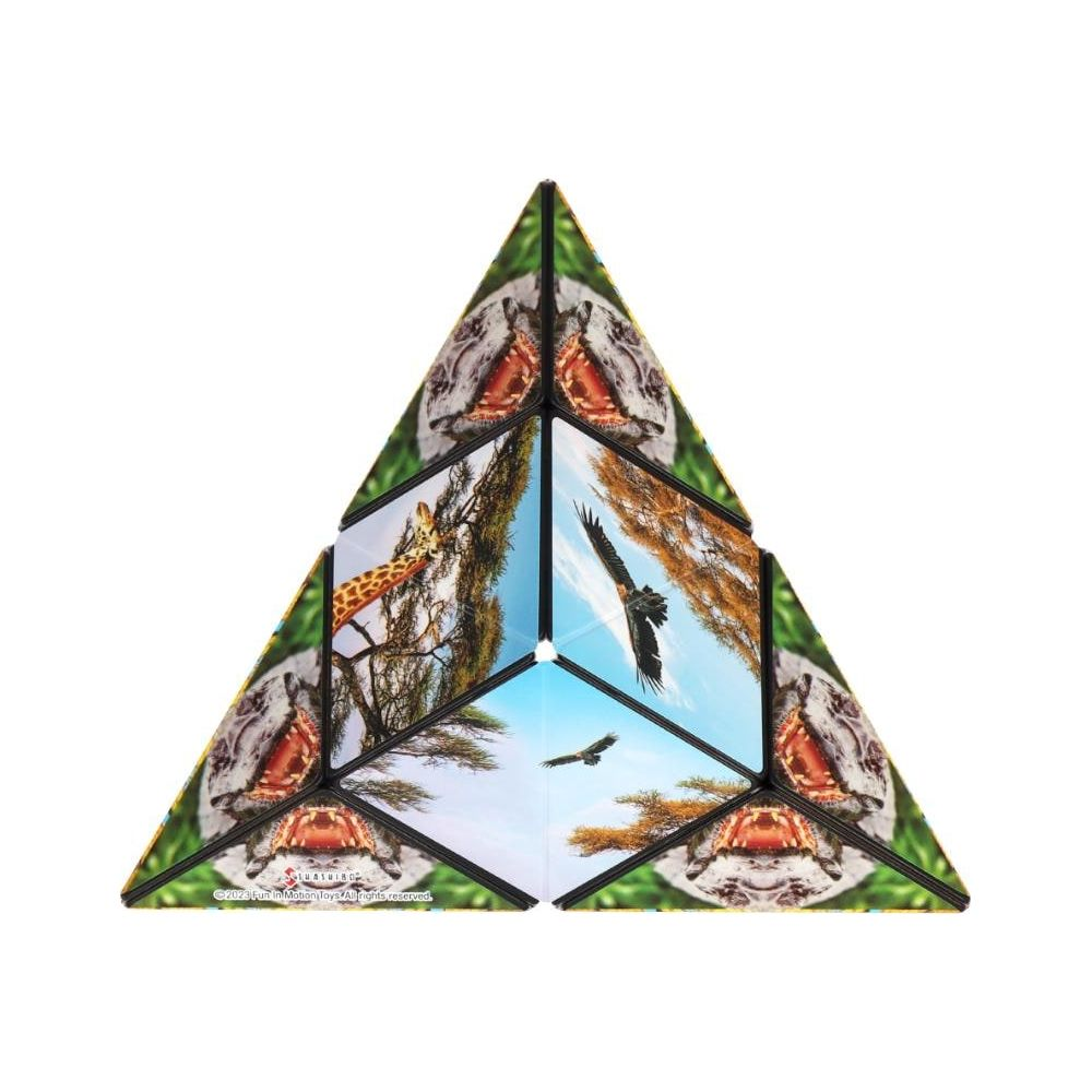 Un puzzle triangolare mostra un volto di animale, una giraffa e aquile in volo.