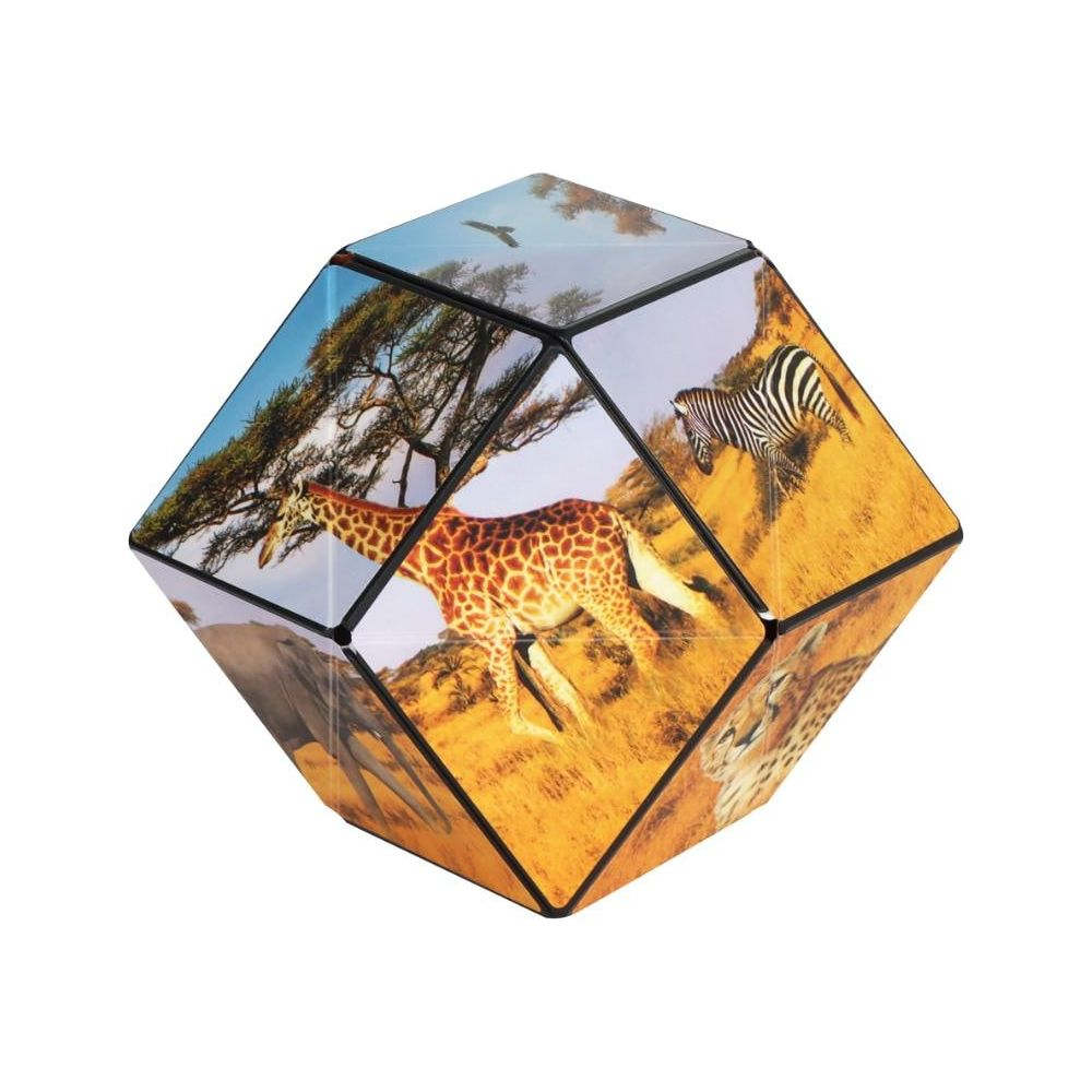 Un cubo con stampe di animali: giraffa, zebra, elefante, leopardo, albero, aquila.