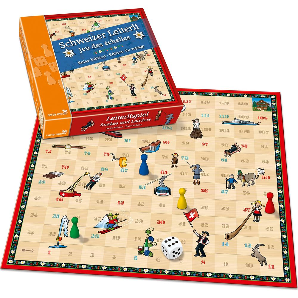 Ein Brettspiel mit Spielsteinen, Würfel, Leiter und Schlangen.