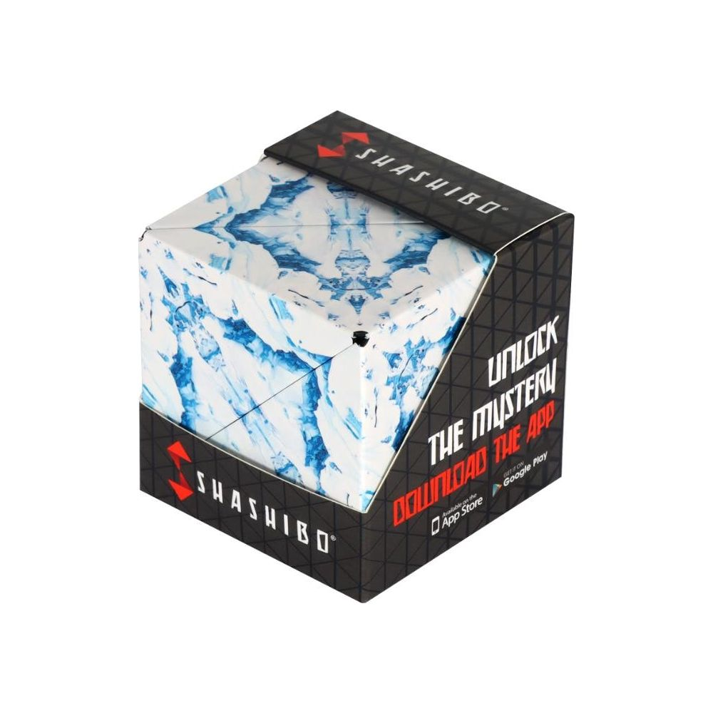 Un cubo con motivo a marmo blu e bianco, etichettato 'Shashibo'.