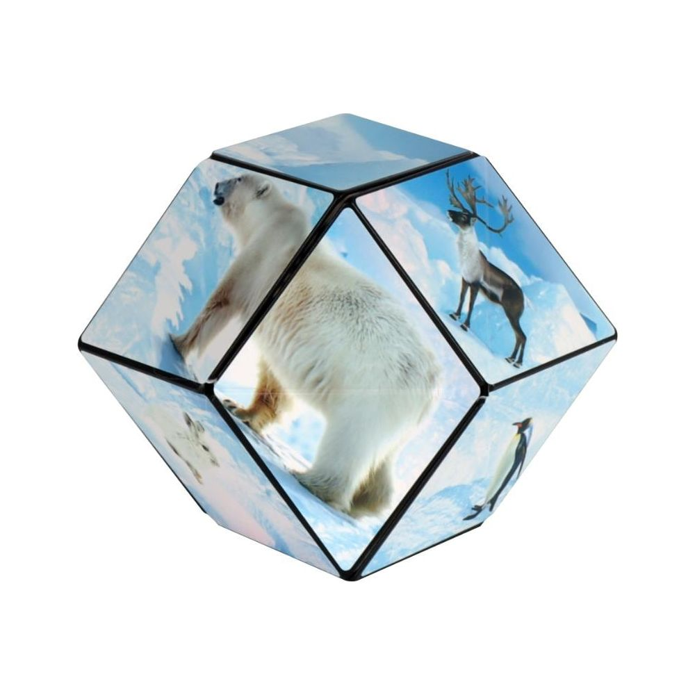 Un cubo giocattolo con immagini di orsi polari, renne e pinguini sulla neve.