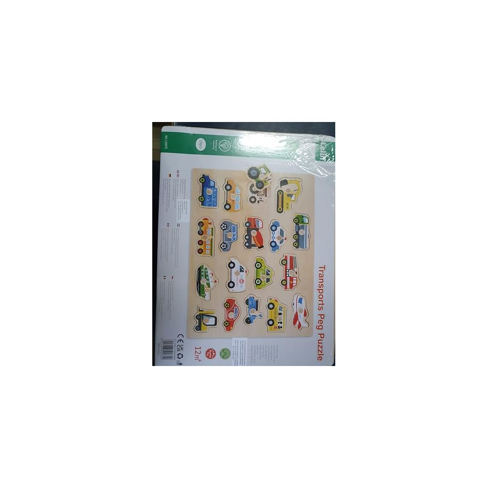 Holzpuzzle mit verschiedenen Fahrzeugen wie Autos, Krankenwagen und Baggern.