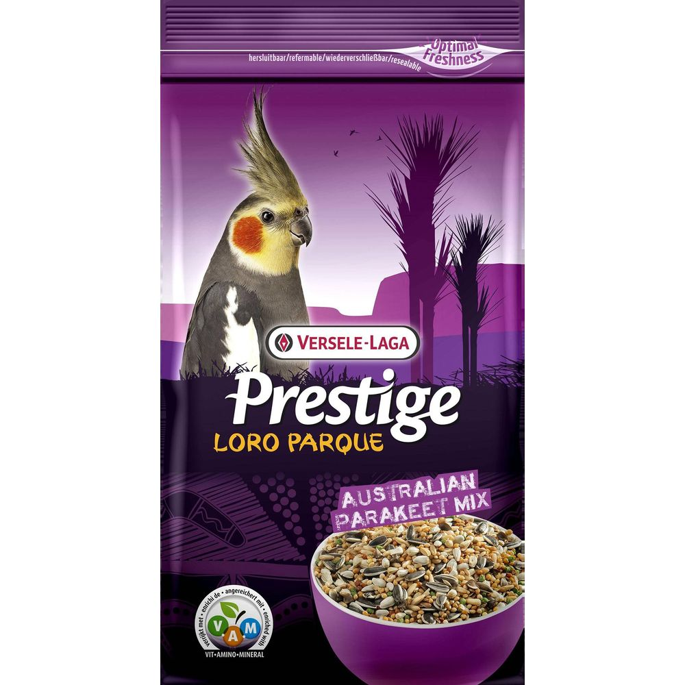 Packung Vogelfutter mit Nymphensittich, Samen und der Aufschrift Prestige.