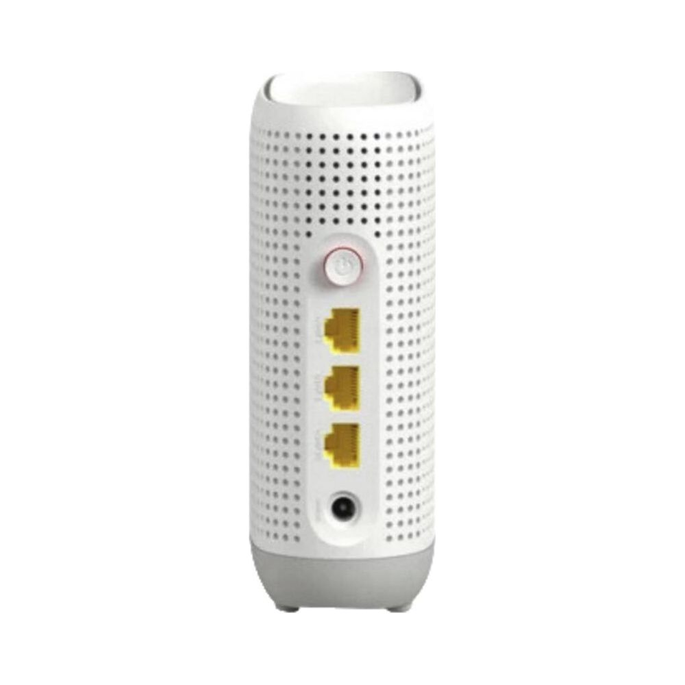 Un routeur blanc avec trois ports Ethernet jaunes et un bouton rond.