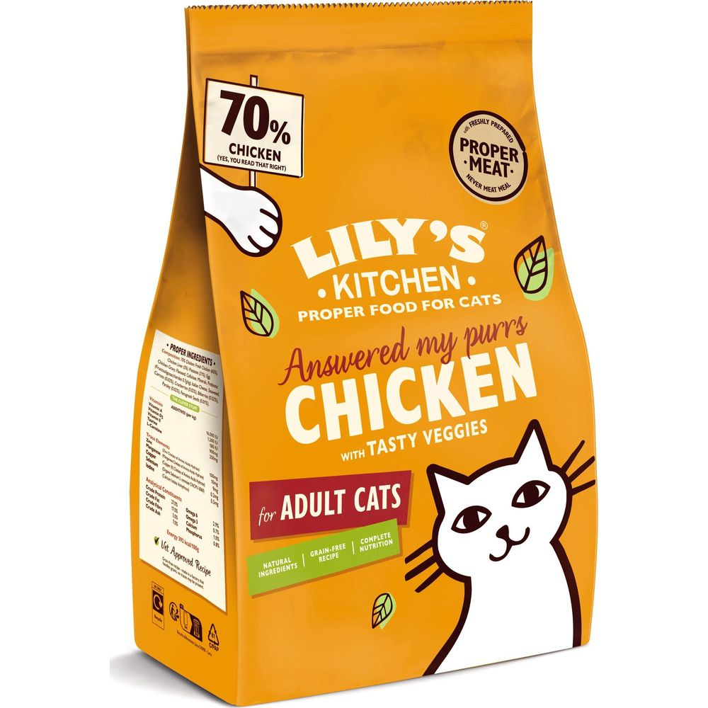 Orangefarbene Katze-Futterverpackung mit 70% Huhn und Gemüse.