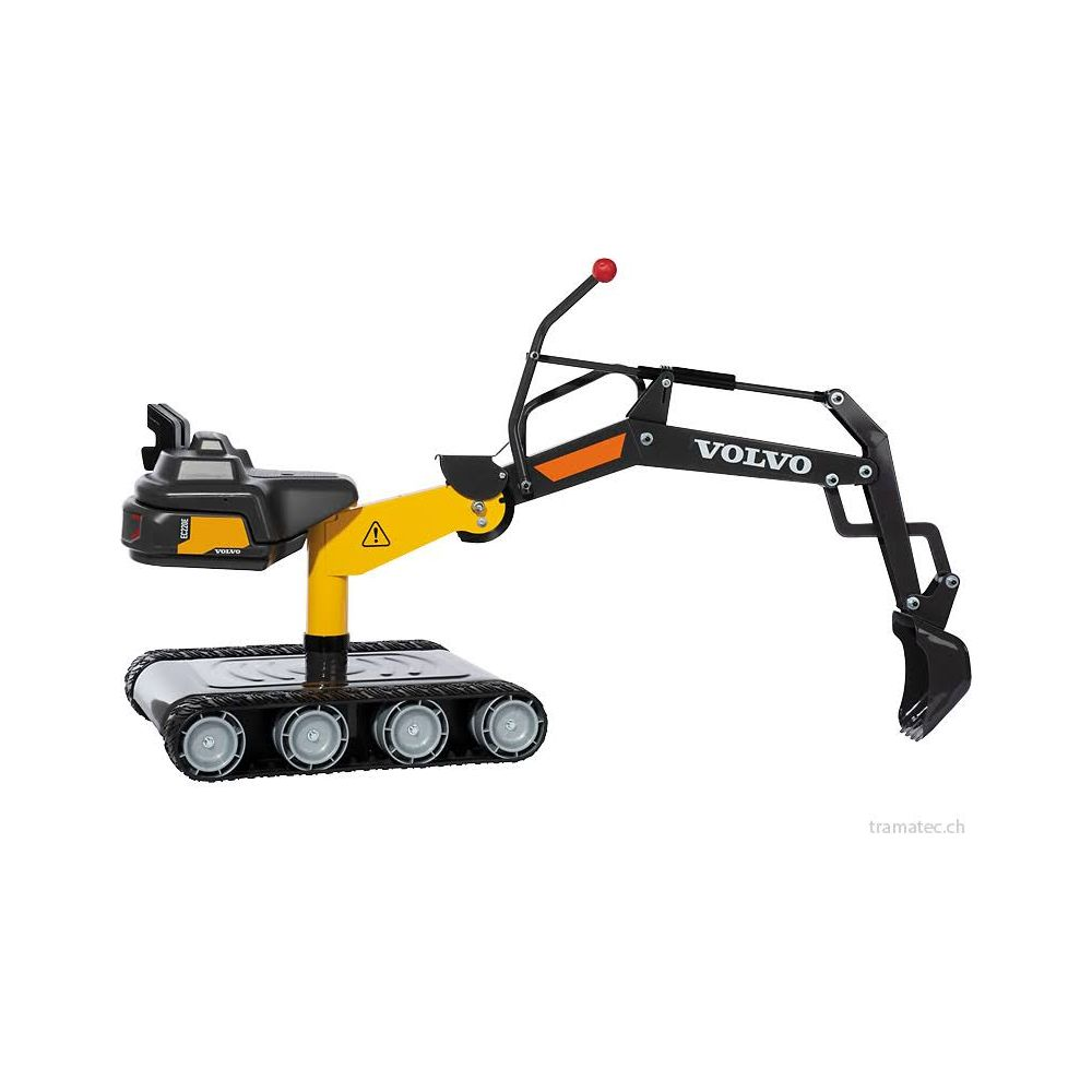 Ein gelber und schwarzer Spielzeugbagger mit Kettenlaufwerk und Volvo-Logo.