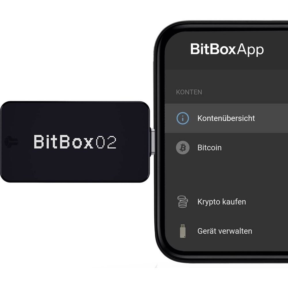 Un wallet hardware BitBox02 è collegato a uno smartphone.