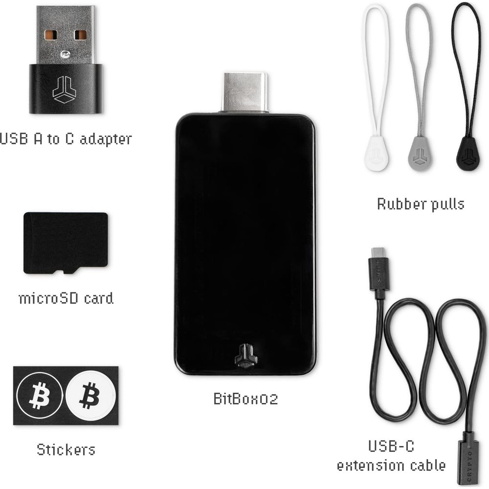 BitBox02 con accessori: Adattatore da USB-A a C, scheda microSD, adesivi, tiranti in gomma, cavo USB-C.