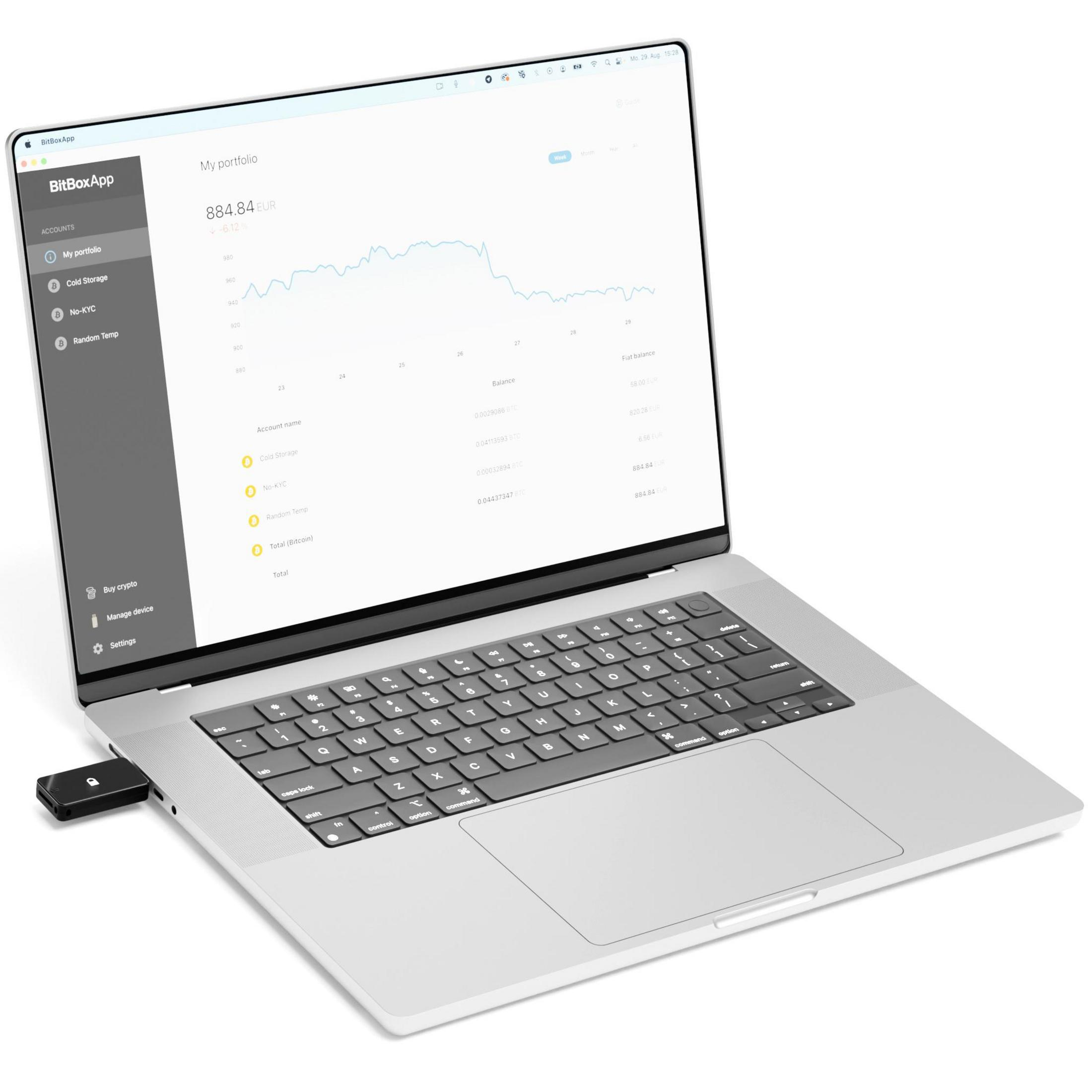 Un laptop mostra un'app di portafoglio crypto con grafico e dettagli account.
