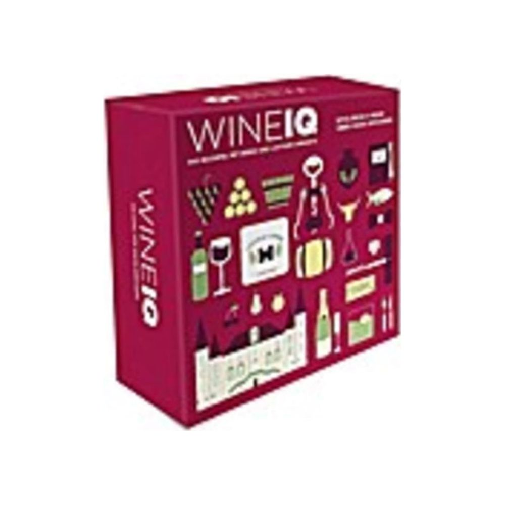 Une boîte rouge intitulée WINEIQ avec diverses icônes comme des raisins, des bouteilles et des verres.