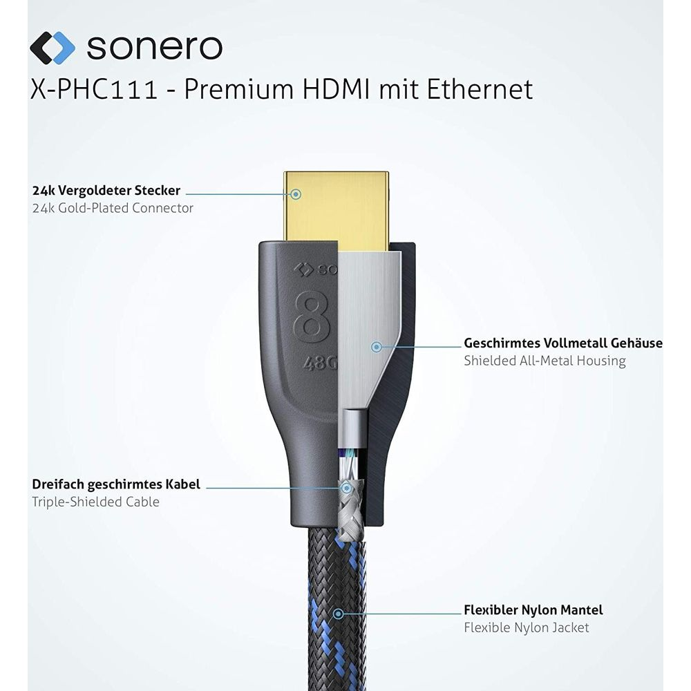 Sonero HDMI-Kabel: Goldstecker, Metallgehäuse, dreifach geschirmt, Nylonmantel.