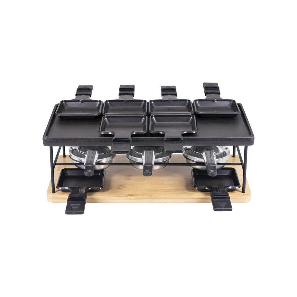 Una griglia per raclette nera con otto piccole padelle su base in legno.