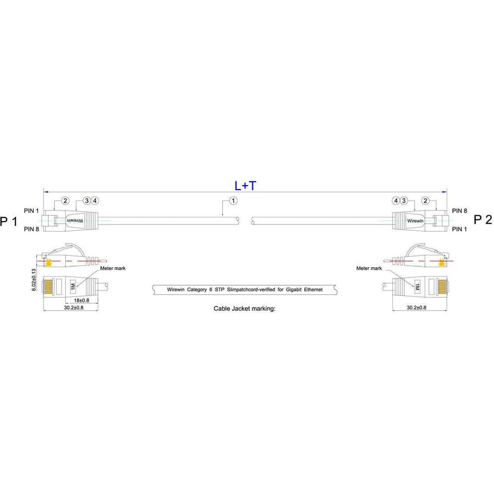 Schéma d'un câble Ethernet avec connecteurs RJ45, dimensions et étiquettes.