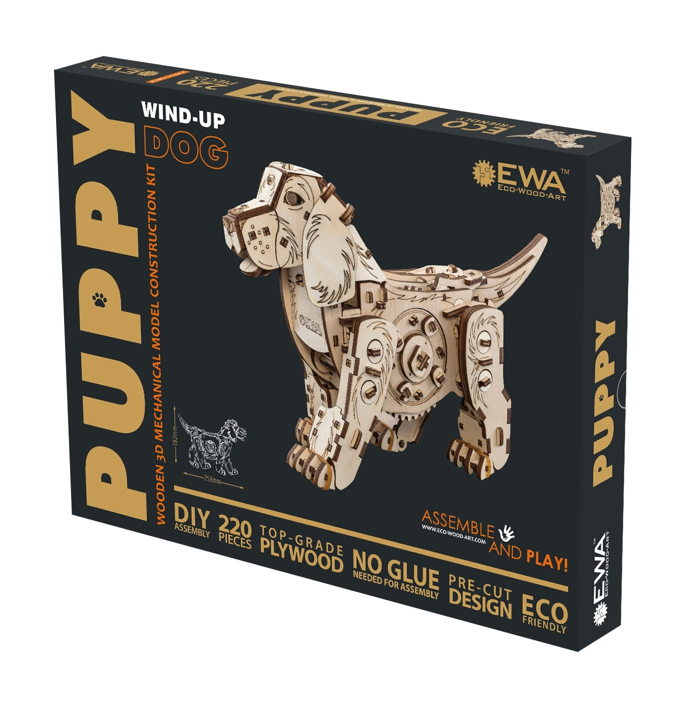 Verpackung eines Holzmodell-Bausatzes für einen Wind-up-Hund.