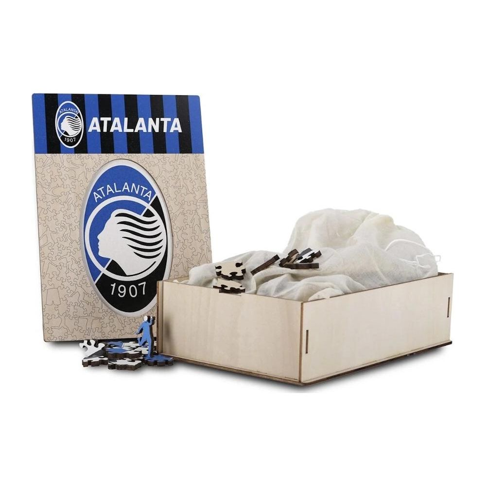 Atalanta Puzzle: Holzbox mit Spielsteinen und Verpackungsmaterial.
