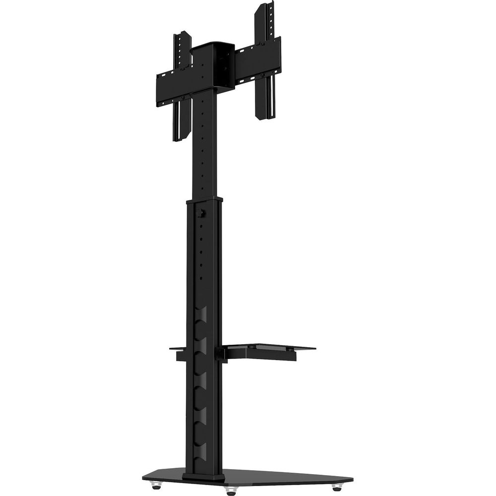 Un support TV mobile noir avec mât réglable et étagère.