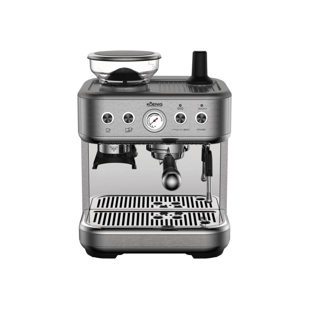 Cafetière argentée avec moulin et finition métallique brillante.