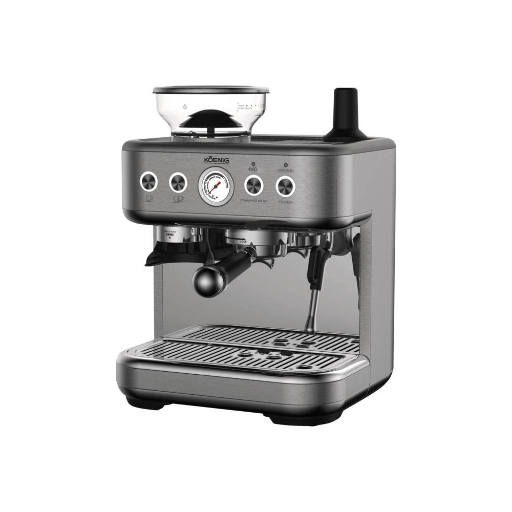 Machine à expresso grise avec moulin intégré et porte-filtre.