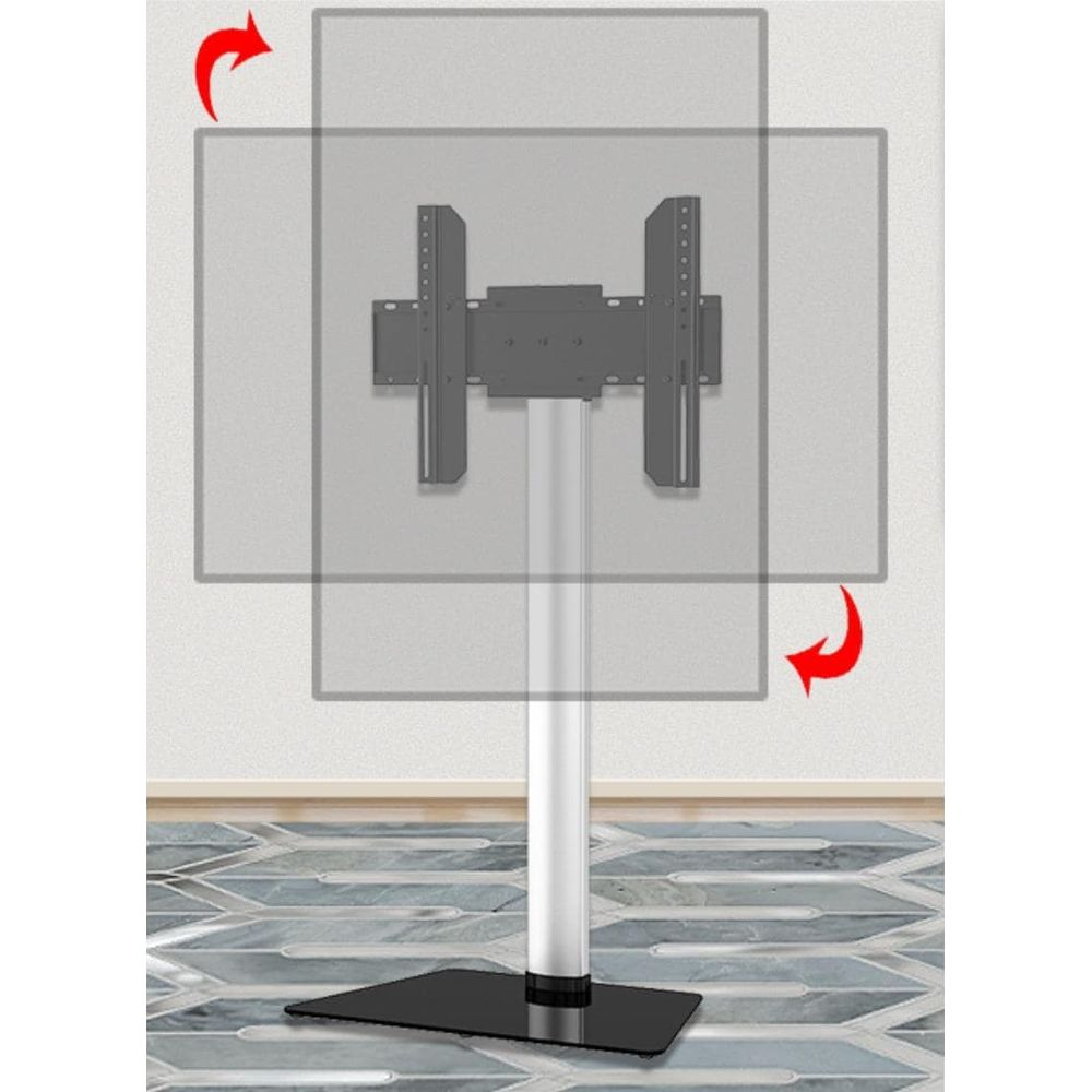 Support TV rotatif avec base noire et poteau argenté.