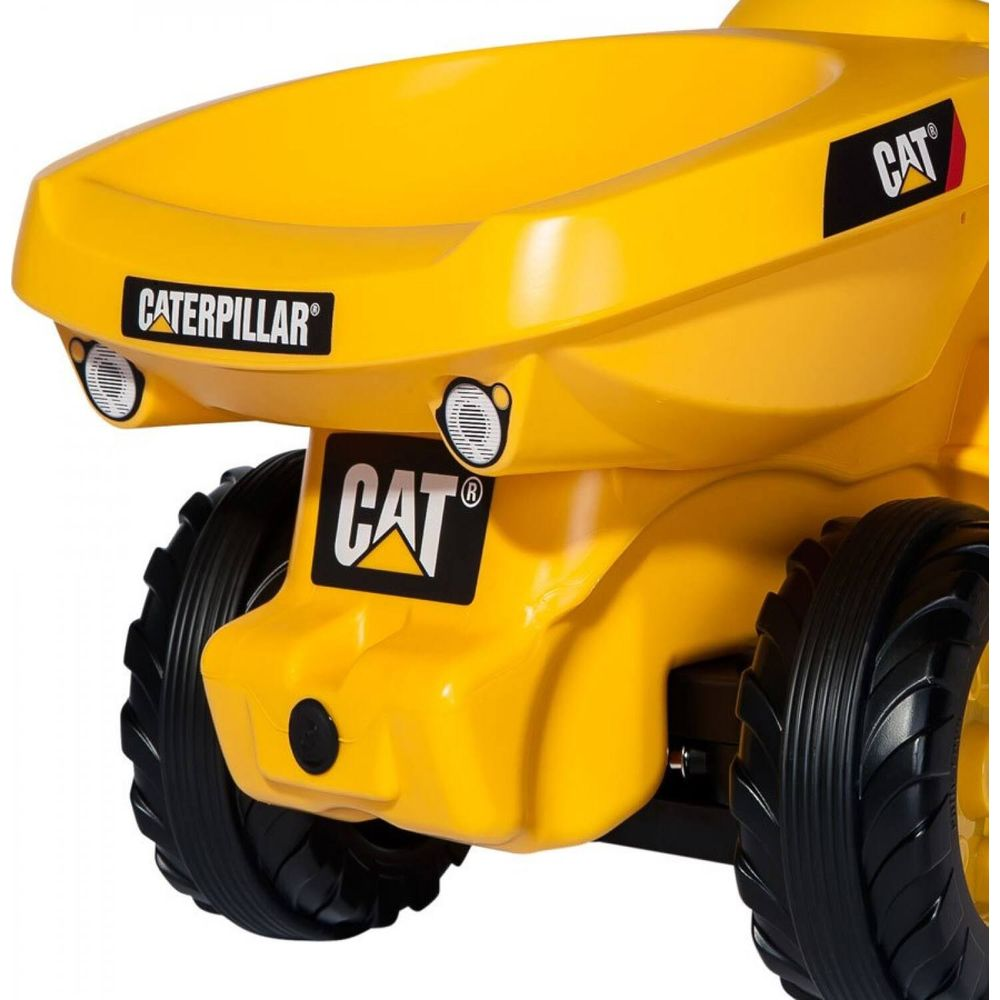 Gelber Spielzeug-Muldenkipper mit CAT- und Caterpillar-Aufklebern und schwarzen Rädern.