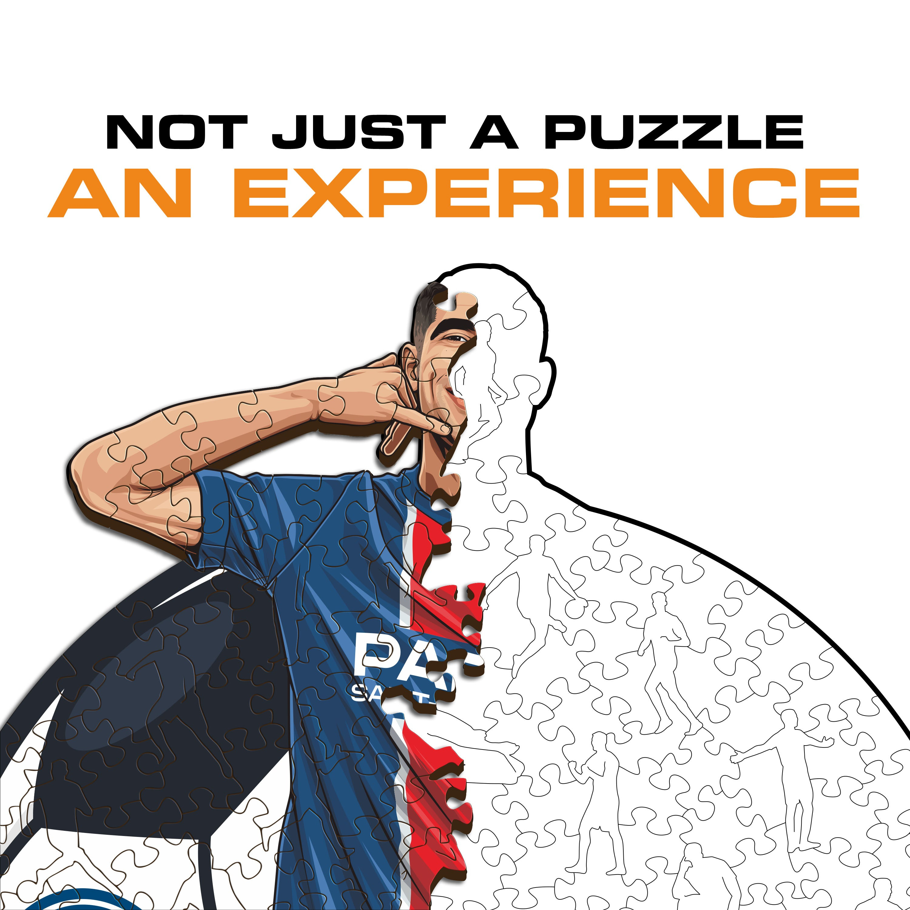 Puzzle-Mann mit PSG-Trikot und Fußball, unvollständig.