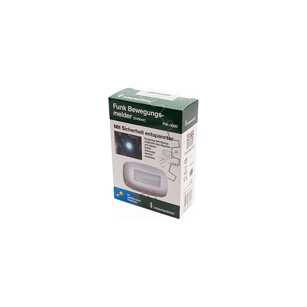 Verpackung für Intertechno PIR-3000 Funk-Bewegungsmelder (innen). Weißer Melder abgebildet.