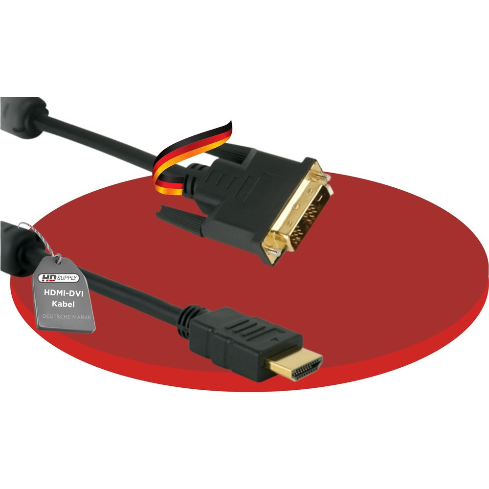 Deux câbles noirs avec connecteurs HDMI et DVI sur un cercle rouge.