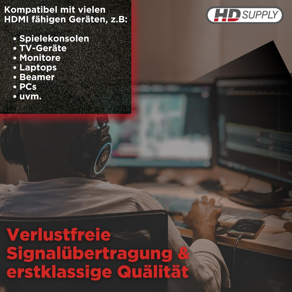 Homme avec casque devant des moniteurs d'ordinateur. Logo HD SUPPLY.