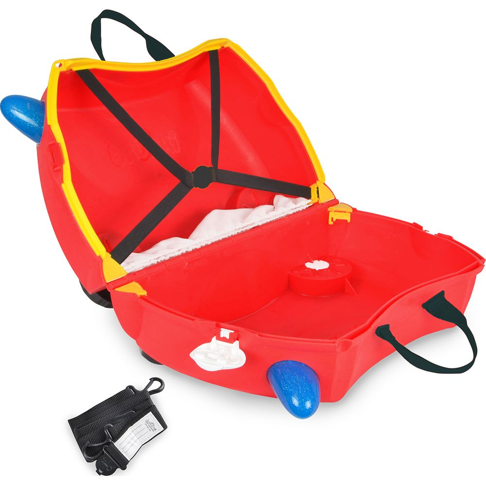 Valigia rossa aperta per bambini a forma di aereo, con elica blu e bordo giallo.