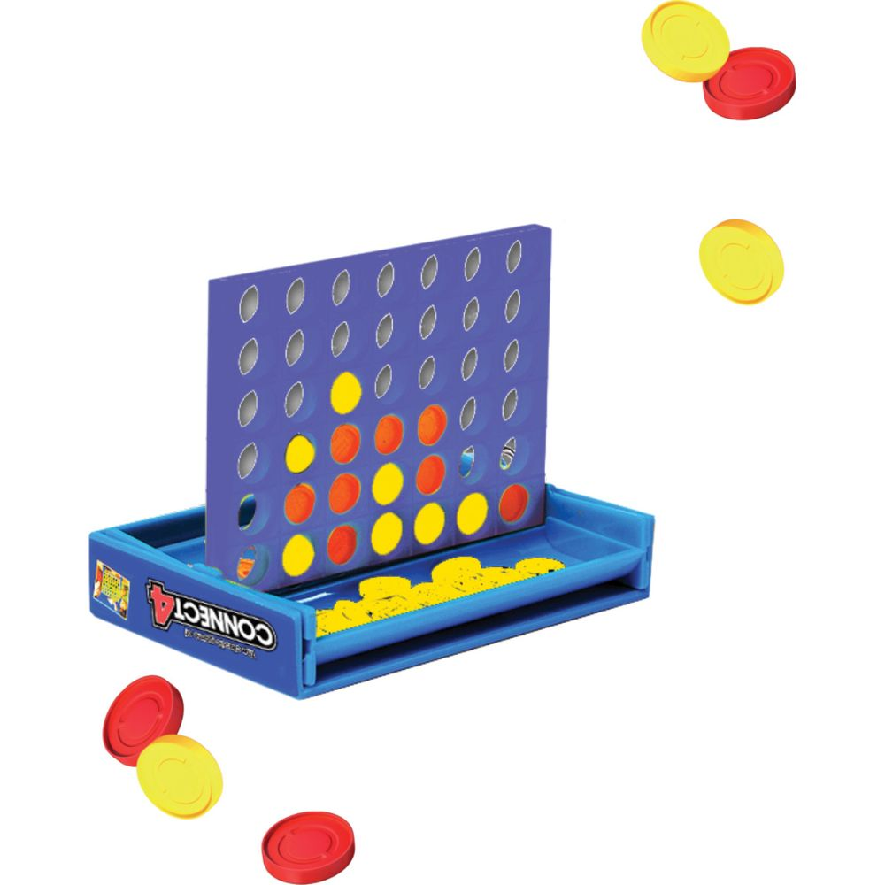 Un tabellone di Connect 4 con pedine rosse e gialle nella vaschetta e accanto.