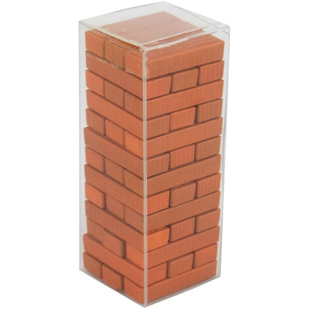 Una torre di mattoni arancioni in una custodia trasparente.