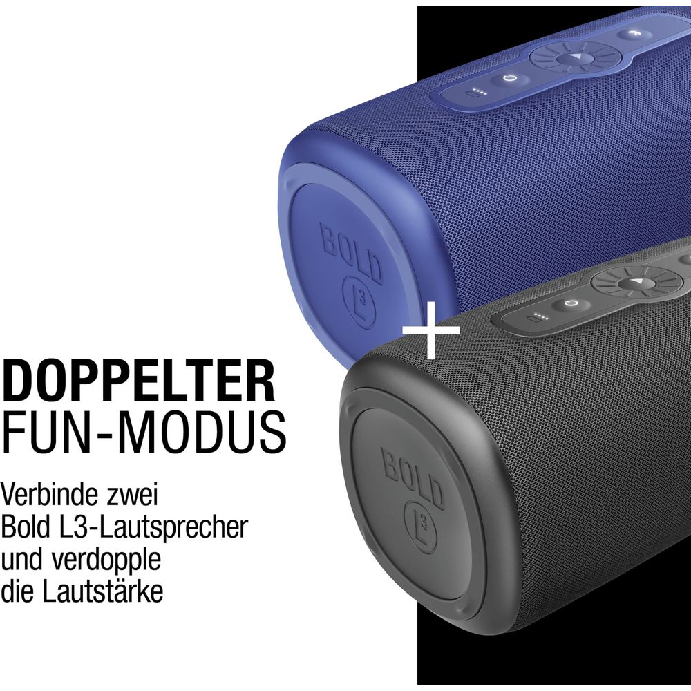 Zwei BOLD L3 Lautsprecher, blau und schwarz, mit Pluszeichen verbunden.