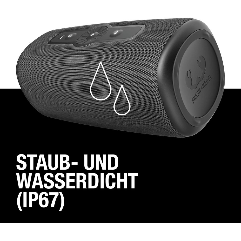 Schwarzer Lautsprecher mit "Staub- und wasserdicht (IP67)"-Aufschrift und Wassertropfensymbol.