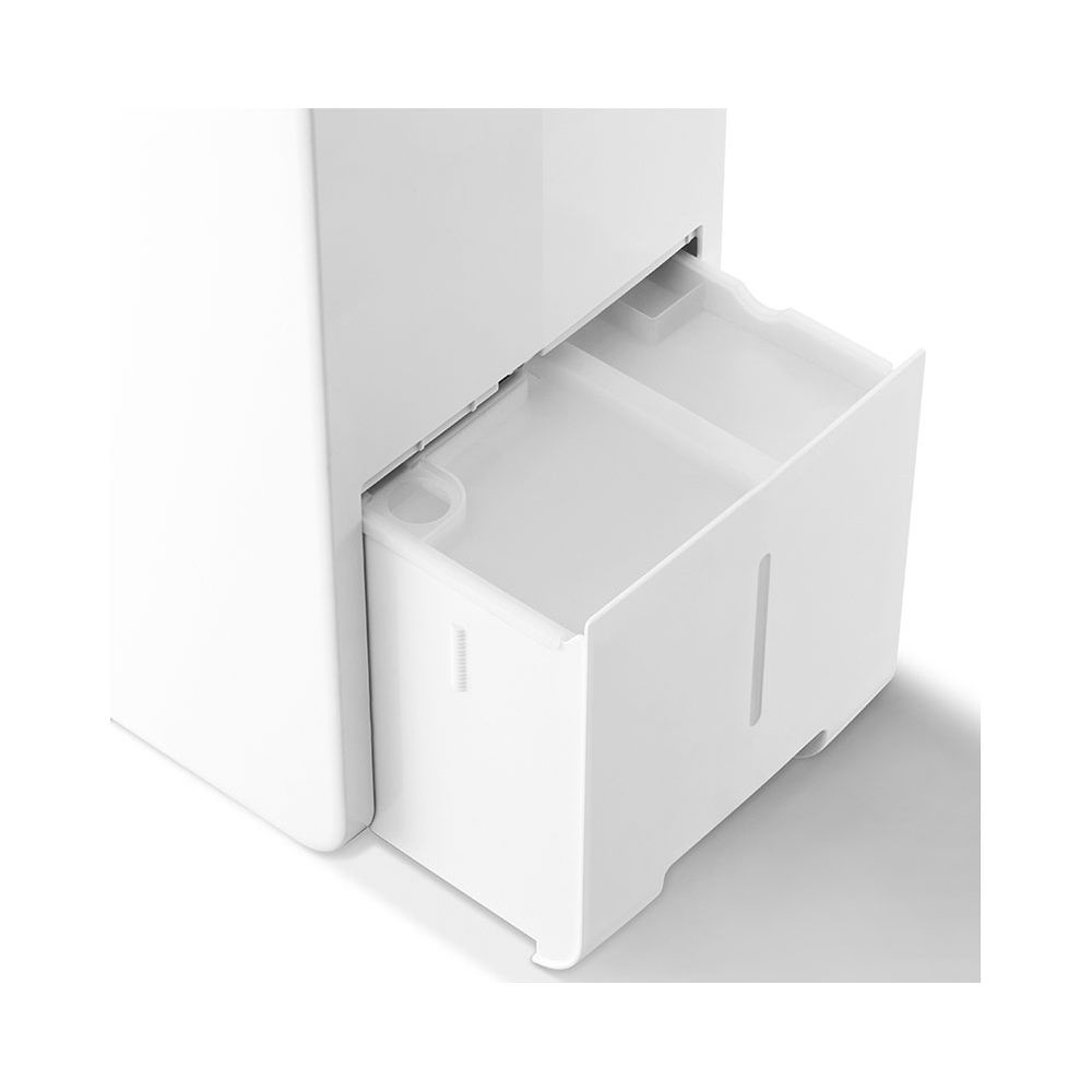 Un contenitore bianco con cassetto aperto, che mostra un serbatoio di raccolta.