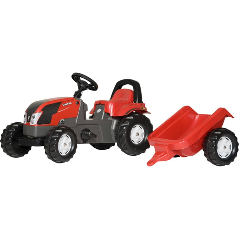 Ein rot-grauer Spielzeugtraktor mit rotem Anhänger ist vor weißem Hintergrund abgebildet.