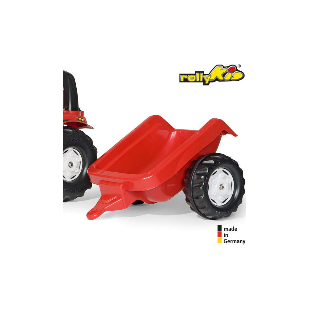 Roter Spielzeuganhänger mit zwei Rädern, angekoppelt an einen Teil eines Traktors.