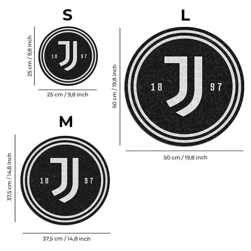 Drei Juventus-Puzzles in verschiedenen Größen: S, M und L. Mit dem Logo und den Zahlen 18 und 97.