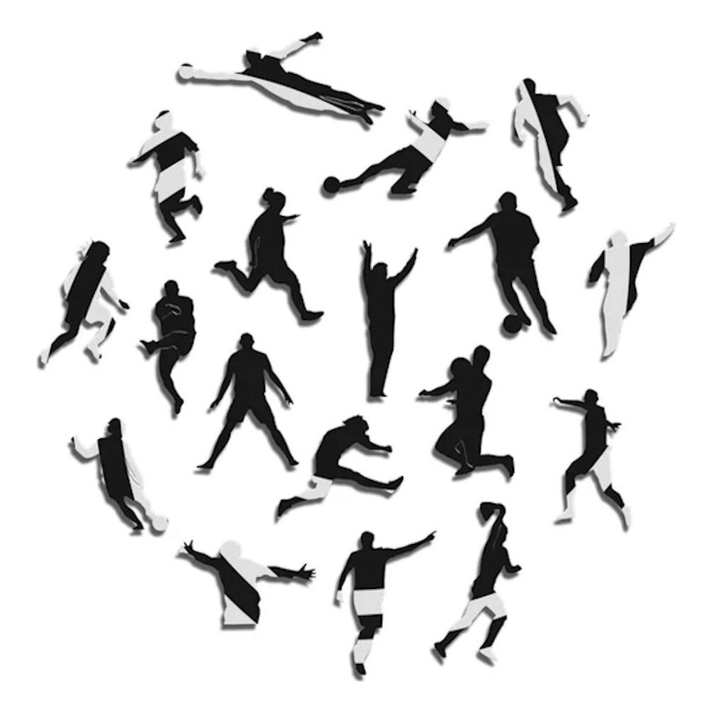 Silhouetten von Fußballern in Aktion, einige mit Ball, vor weißem Hintergrund.