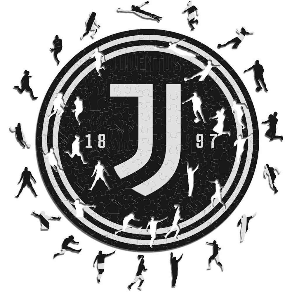 Juventus-Logo-Puzzle mit Fußballspielern in Schwarz und Weiß.