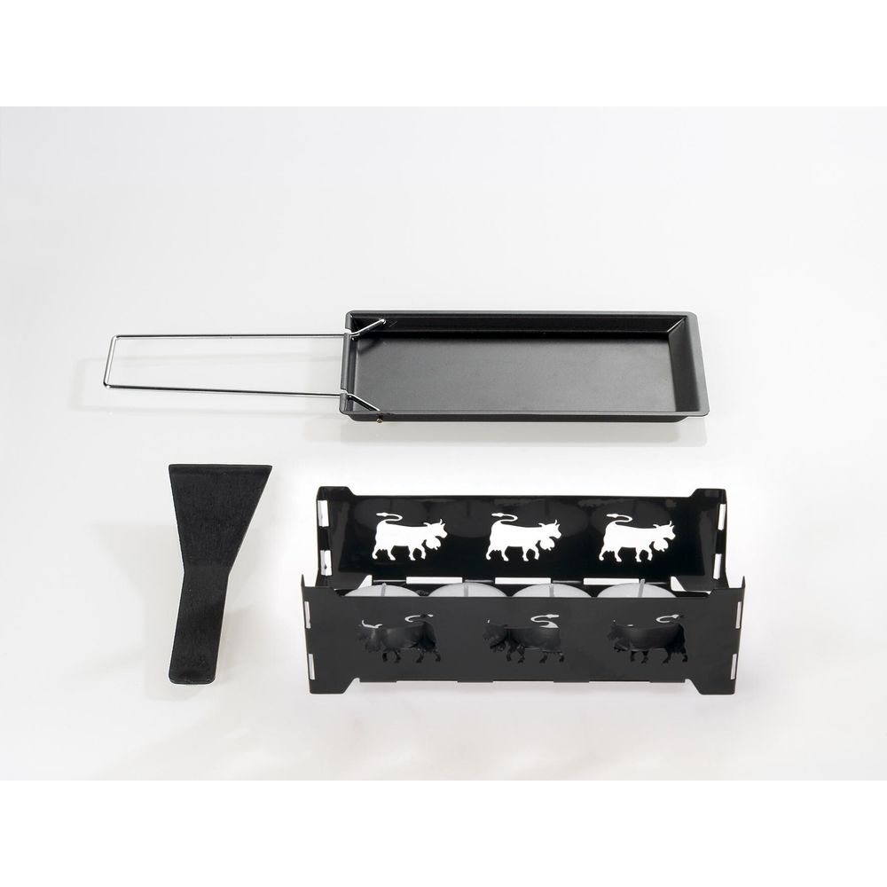 Schwarzes Raclette-Set mit Pfanne, Spatel und Halter mit Stiermotiv.