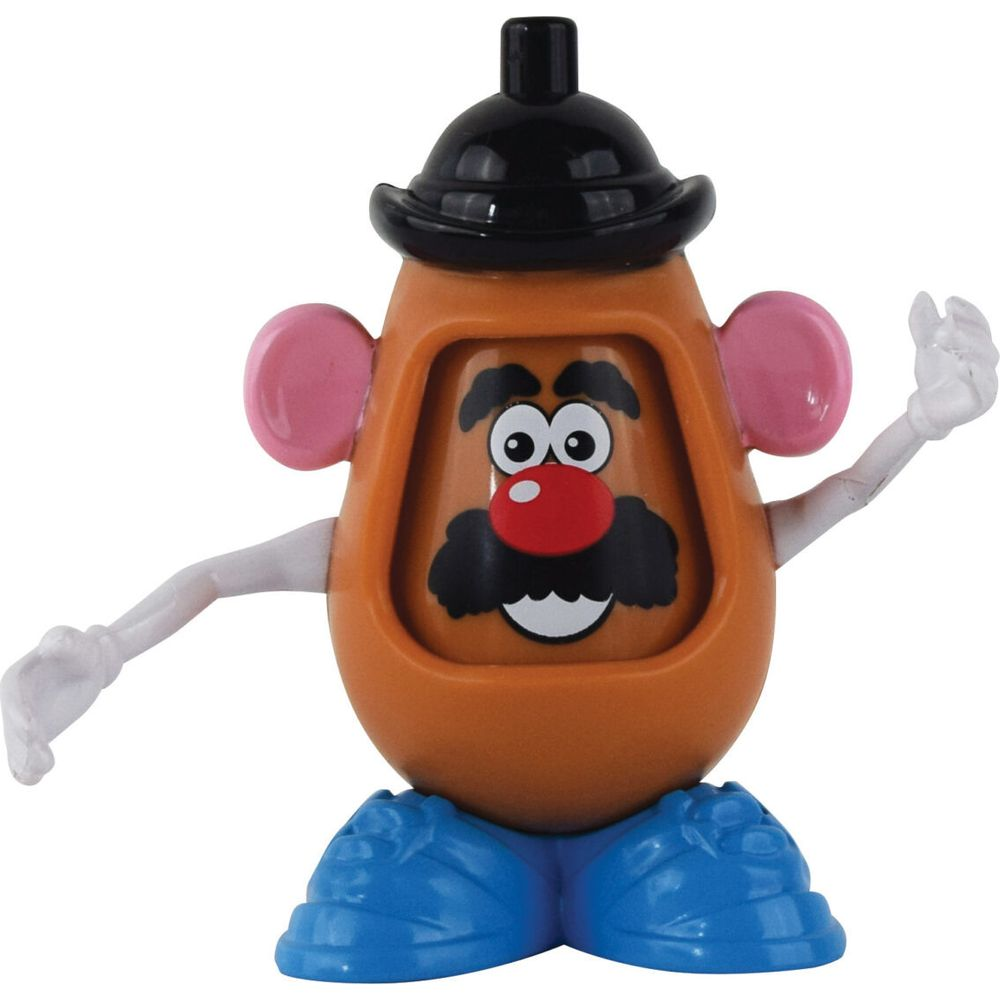 Un jouet Mr. Patate avec un chapeau noir, des chaussures bleues et un visage peint.