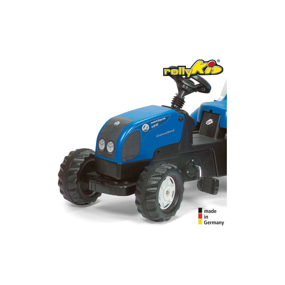 Ein blauer Spielzeugtraktor mit schwarzen Rädern und Lenkrad.
