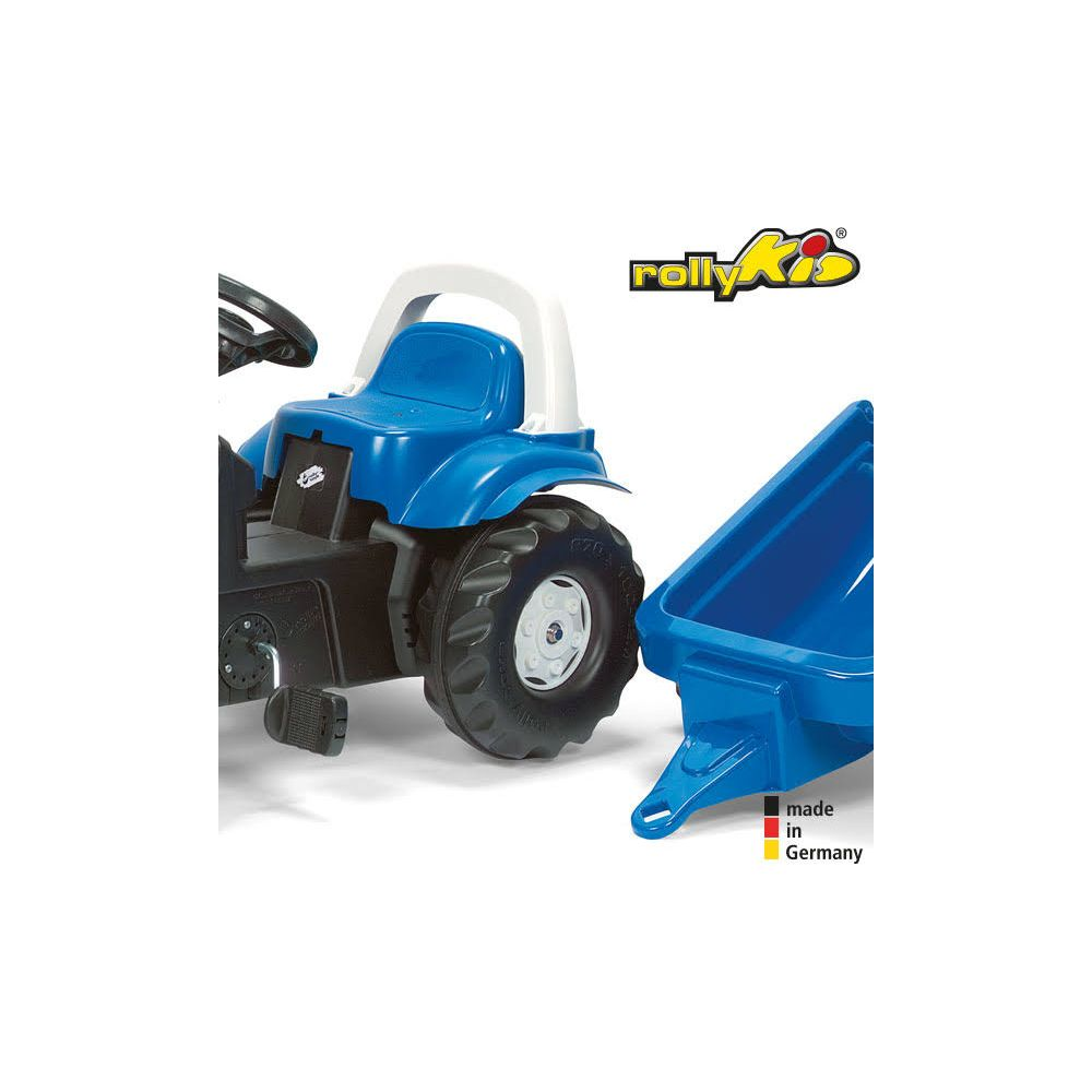 Ein blauer Spielzeugtraktor mit Anhänger und dem Logo "rollyKid".