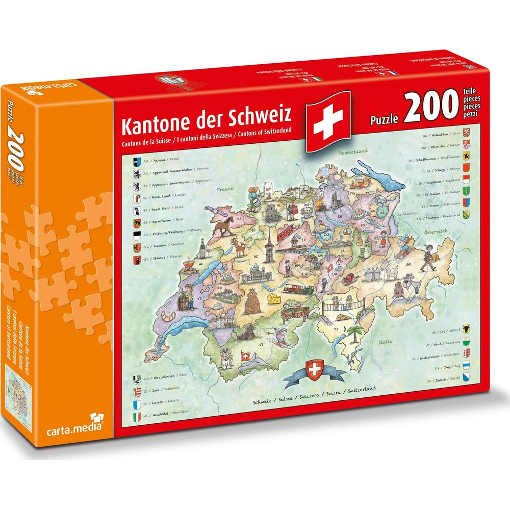 Scatola puzzle con la mappa della Svizzera e i suoi cantoni, 200 pezzi.