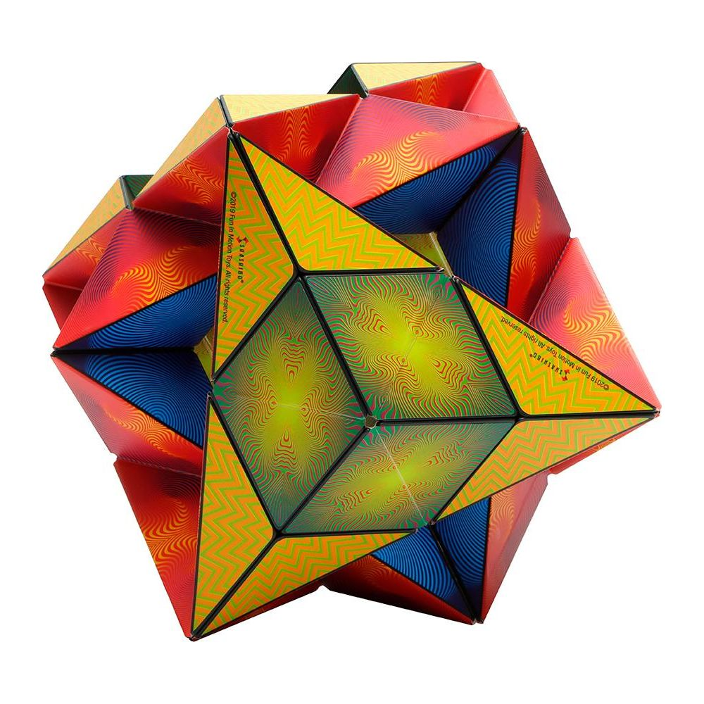 Un giocattolo puzzle a forma di stella multicolore con motivi geometrici.